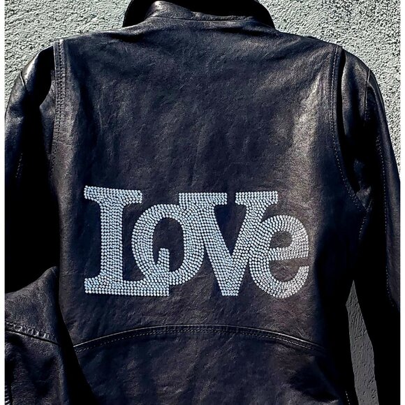 Hipchik Couture Rhinestone Crystal Love Black Lambskin Leather Jacket S M Moto - Picture 12 of 12